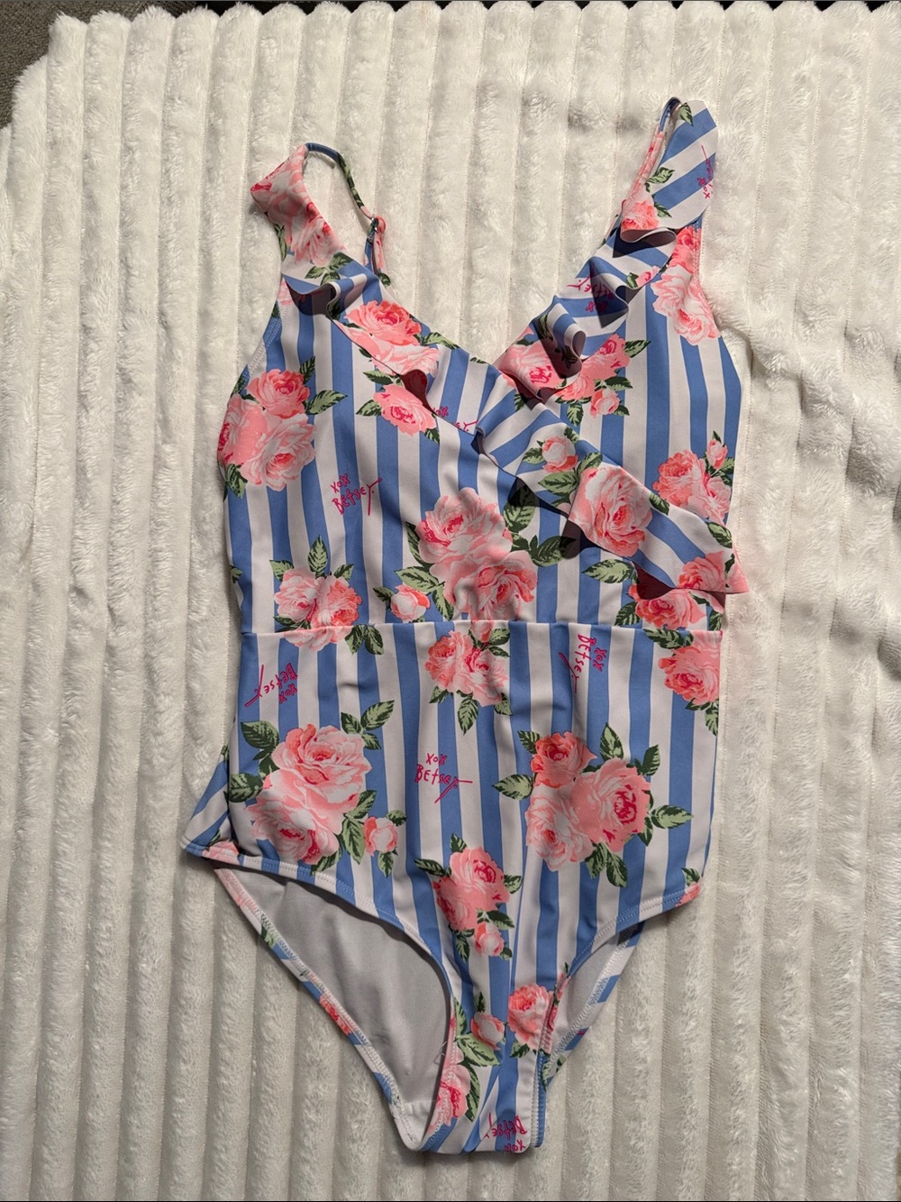 Betsey Johnson Blue & Pink Floral Stripe One-Piece Swimsuit